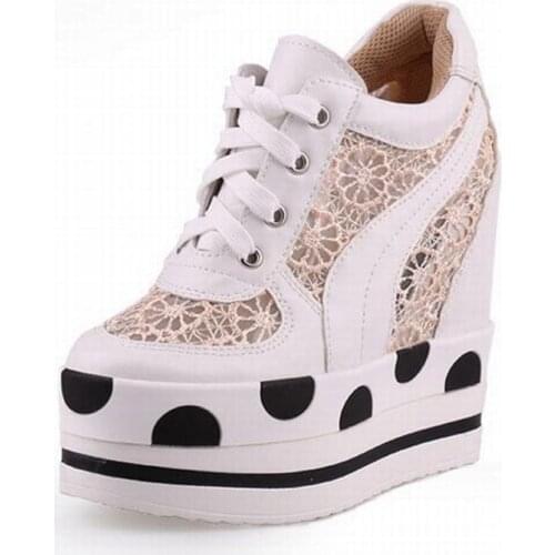 2017 new fashion super breathable Lace mesh high platform thick sole wedges height increasing casual shoes elevator womens shoe