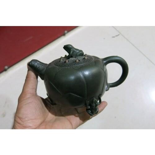 Old Chinese Handcraft Enameled YiXing Purple Clay (green stoneware) Teapot ,Frog lotus,with mark,Free shipping