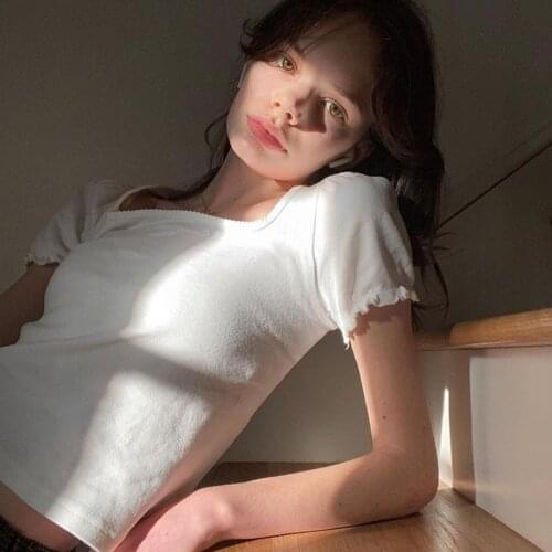 Vintage Brown Cotton Tee Shirt Women Summer Sexy Square Collar Short Sleeve Ruffles Tops Femme Casual Streetwear T Shirt Cute