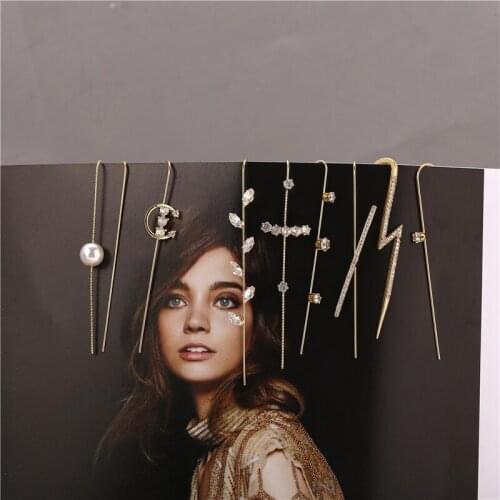 Vintage Ear Climber Crystal Stud Earrings For Women Hot Sale Gold Lightning Cuff Earrings Pearl Hook Earring Jewelry Gifts