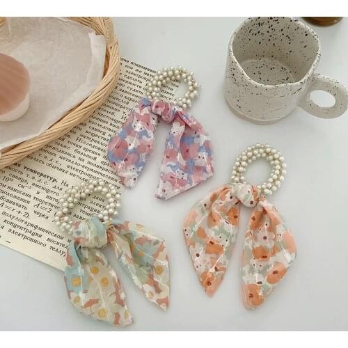 Vintage Pearl Elastic Long Hair Bows Ribbon Fashion Floral Print Scrunchies Headbands Scrunchies Women Girls Hair Accessories