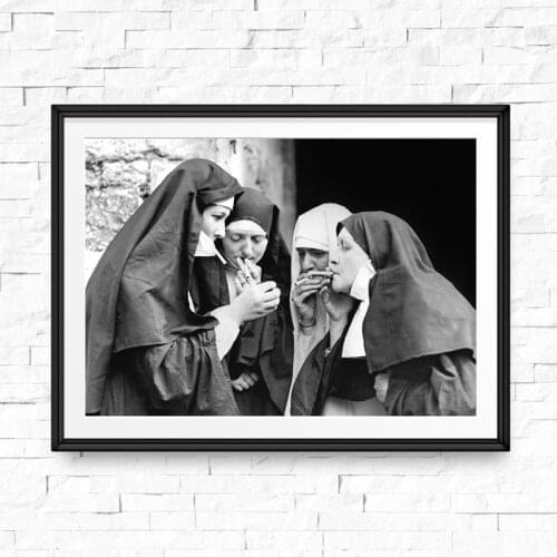 Smoking Nuns Prints Vintage Photo Black and White Poster Cigarette Funny Wall Art Home Decor Canvas Painting Picture Weird Room