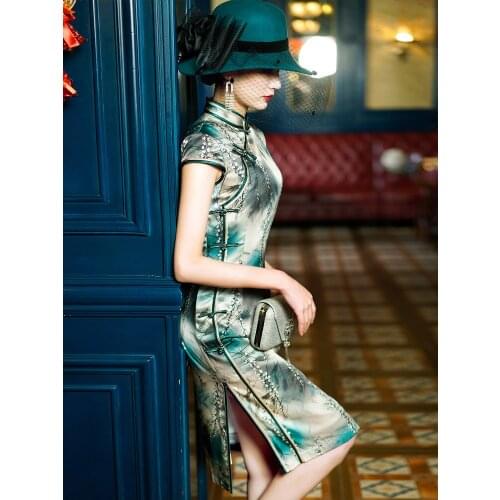 Oriental Dress Silk Green Cheongsams Plus Large Size Printing Qipao Dresses High-End Cheongsam Dress Woman Costume China Clothes