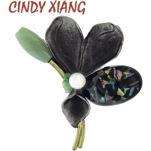 CINDY XIANG Resin Large Black Flower Brooches for Women Fashion Pin Elegant Metal Simulated Pearl Plant Brooch Jewelry Gifts