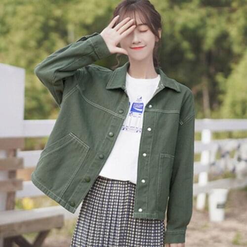Denim jacket Women Korean Bf Student Casual Jeans coat 2020 New Spring autumn Big Pocket Loose Green jacket Female Outerwear