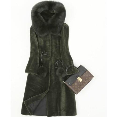 Coat Fur Real Female Natural Sheep Shearing Overcoat With Genuine Fox Fur Collar Hooded Wool Winter Jacket Women WYQ835