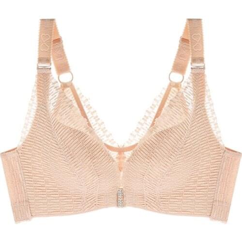 Womens thin front button bra lace underwear Fat mm gathered up and breastfeeding adjustment type beauty back plus size bra 120D