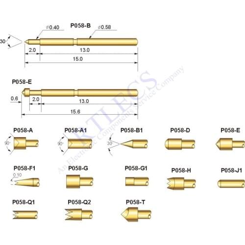 100pcs 1.0 mm Pitch Min Spring Test Probe P058 Bare PCB Testing Pin 0.58 Dia Gold plated TIP styles Sockets to order