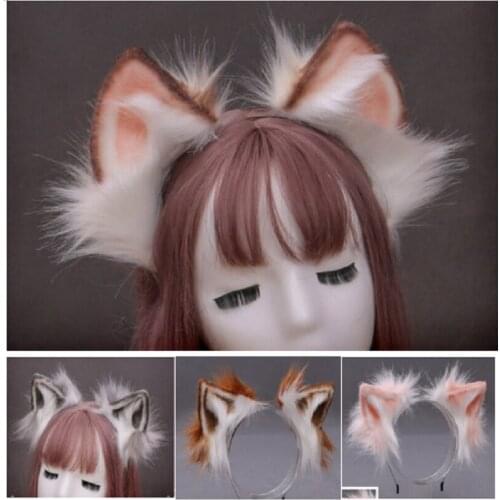 1Pair Fashion Furry Plush Foldable Wolf Cat Ears Headband Contrast Color Simutation Animal Hair Hoop JKawaii Cosplay Headpiece