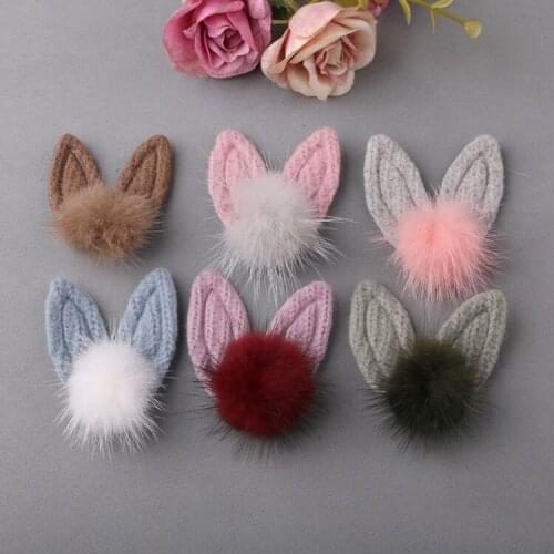 20ps/lot diy manual mink ball wool rabbit ears children girl hair clip accessories shoes hat decoration