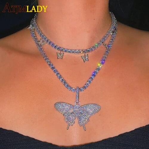 2020 Iced Out Sparking Bling Cz Pink Pinky Women Girl Jewelry 5mm AAAAA Cz Tennis Chain Hip Hop Cool Pink Cz Butterfly Necklace