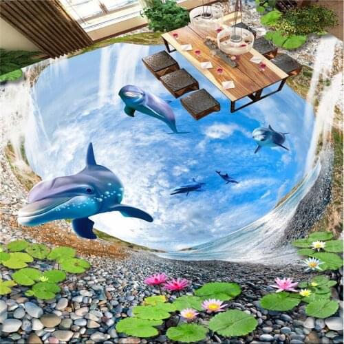 Beibehang Custom large flooring 3D waterfall marine dolphin floor tiles painting papel de parede 3d para sala atacado tapety