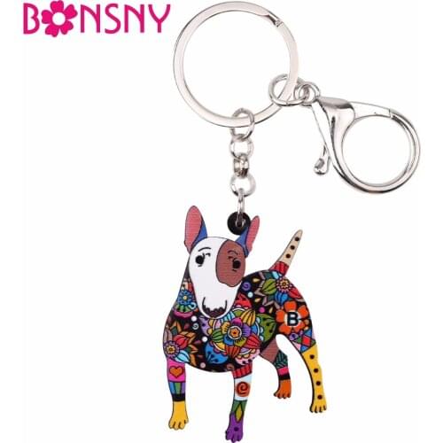 Bonsny Acrylic Dog Jewelry Bull Terrier Key Chain Key Ring Gift For Women Girl Handbag 2017 New Charm Men Keychain Pendant