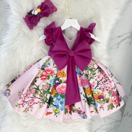 Baby clothes teens Pageant ball gown Bowknot Backless wedding Printed dress fluffy Princess Party Dress for girls dress