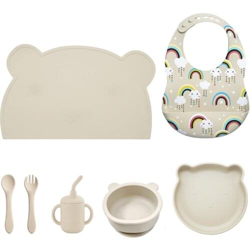 Baby Silicone Cookware Self-Feeding Printed Waterproof Bib For Children Solid Food Plate Set Suction Dishes Childrens Tableware