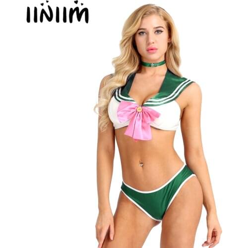Iiniim Womens Sexy Halloween Costumes Adult Block Bowknot Cosplay School Girls Uniform Bra Tops with Briefs Fancy Sexy Clubwear