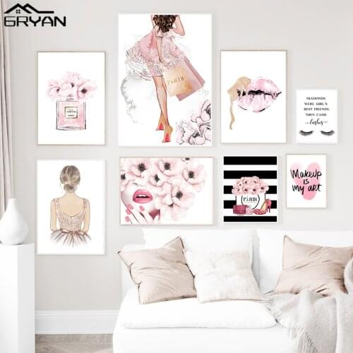 Girls Makeup Buzzwords Canvas Painting Perfume Pink Flower Lips Eyelash Prints Poster Woman Shopping Fashion Decoration Picture