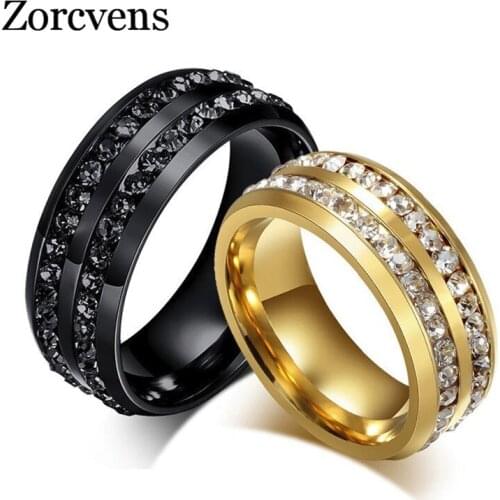 Modyle 8mm Black Dual Row Crystal Wedding Rings for Women Men Stainless Steel Bling Rings Lover Promise Bands Jewelry