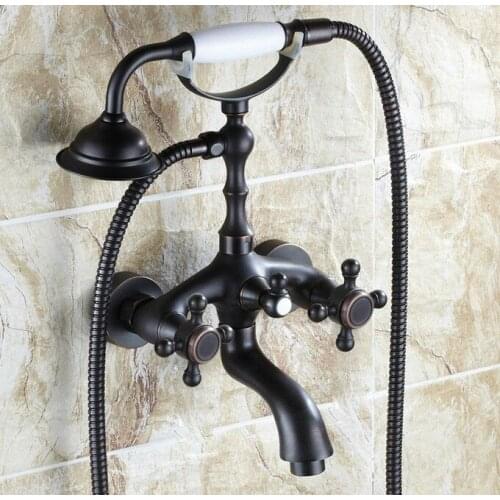 Oil Rubbed Bronze Dual Cross Handles Rain Bathroom Shower Tub Faucet Set + Telephone Style Hand Shower atf041