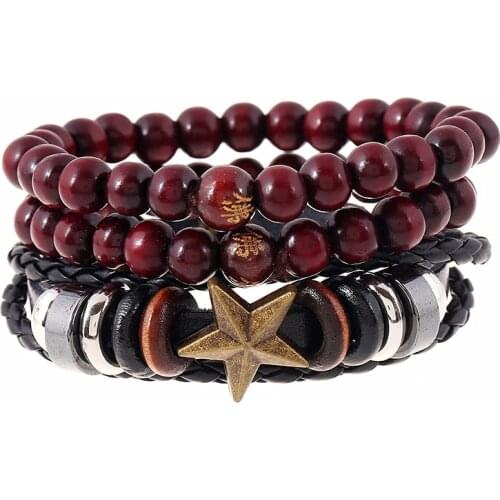 Multilayer Ethnic Punk 3 Pcs/Set Handmade Wrap Star Red Beads Leather Bracelets For Women Homme Femme Men Jewelry Accessories