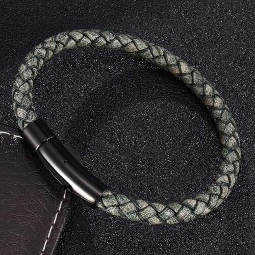 Fashion Jewelry Vintage Green Braided Leather Bracelet Men Women Stainless Steel Snaps Unisex Bangles Wrist Band Gifts ST0465