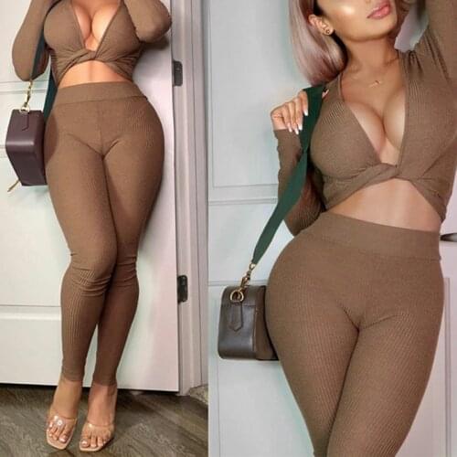 Fashion Casual Women Suit Autumn New Long Sleeved V-Neck Bow Lacing Crop Top + Slim Trousers Two Pieces Sets Ladies Tracksuits