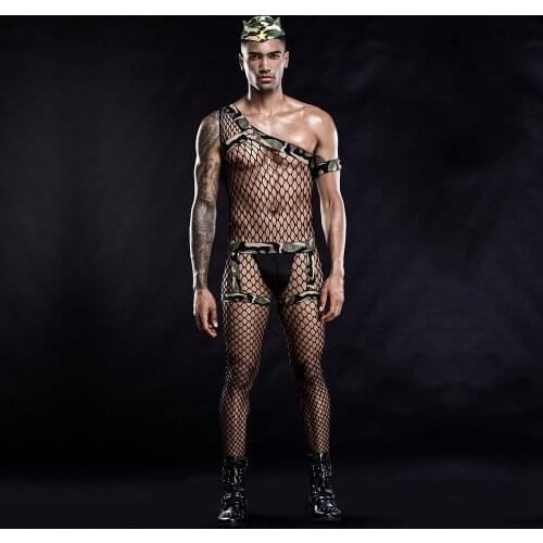 Mens Sexy Mesh Army Cosplay Uniform 5-Piece Set,High Quality Role Play Gay Bar Dance Perform Costume