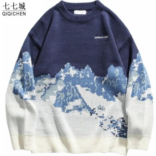 Mens Hip Hop Snow Sweater Streetwear Embroidery Retro Vintage Knitted Sweater Cotton Harajuku Casual Pullover Black Tops Women