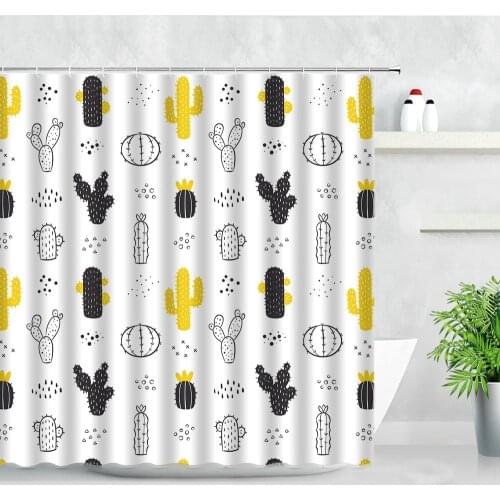 Cartoon Cactus Children Shower Curtains Yellow Black Tropical Plant Printed Wall Backdrop Decor Cloth Kids Bathroom Curtain Sets