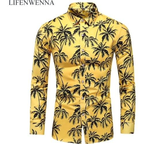 LIFENWENNA Autumn Mens Shirt Fashion Coconut Tree Print Long Sleeve Shirts Men Casual Business Office Floral Shirts Male M-7XL