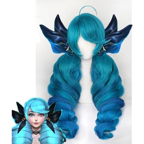 Game LOL Gwen Cosplay Wig Gradient Blue Wavy Side Part Gwen Wig with Bangs Ponytails Synthetic Hair for Halloween Party+Wig Cap