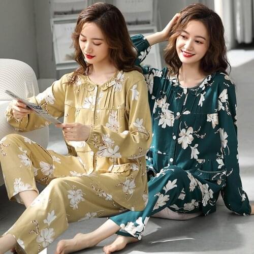 Plus Size 3XL Long Sleeve Cotton Pajama Sets for Women 2020 Spring Autumn Cardigan Print Sleepwear Homewear Pijama Mujer Clothes
