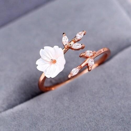 Adjustable Rose Gold Color White Zircon Shell Cherry Blossom Sakura Flowers Open Ring