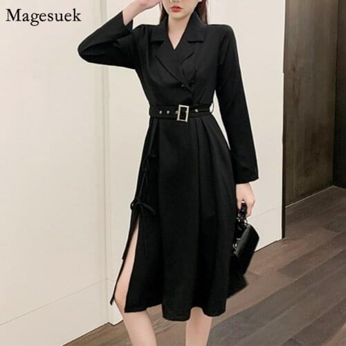 Long Sleeve Black Dress Women Spring Autumn A-Line Sashes Split Sexy Dress Female Bodycon Office Ladies Dresses Vestidos 12559