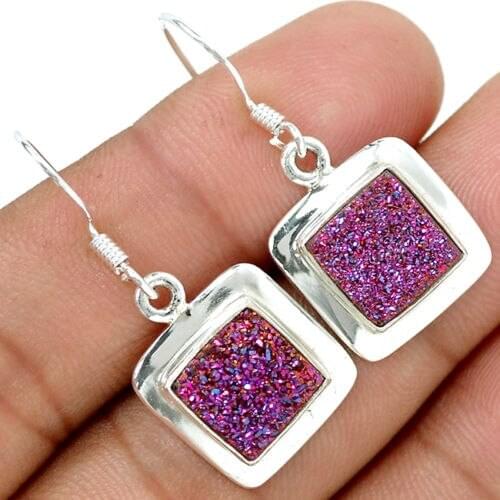 Genuine Titanium druzy Earrings 100% 925 Sterling Silver 34mm ,5.5g, KE0006 Gift BOX