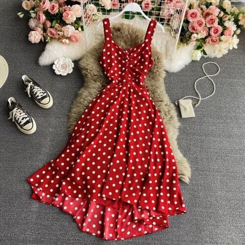 Holiday Sling Chiffon Dress Summer New Polka Dot Skirt Goddess Caution Machine Halter Over-the-knee Large Swing Dress