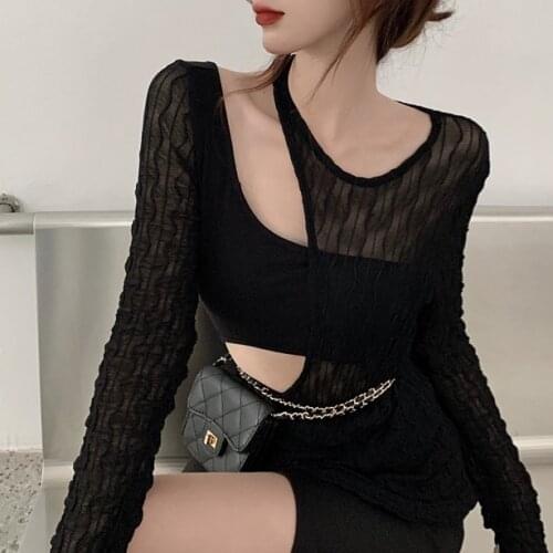 Knitted Pullover Womens Black Design Sense of Small Irregular Hollow Long-sleeved Top 2021 Spring and Autumn New