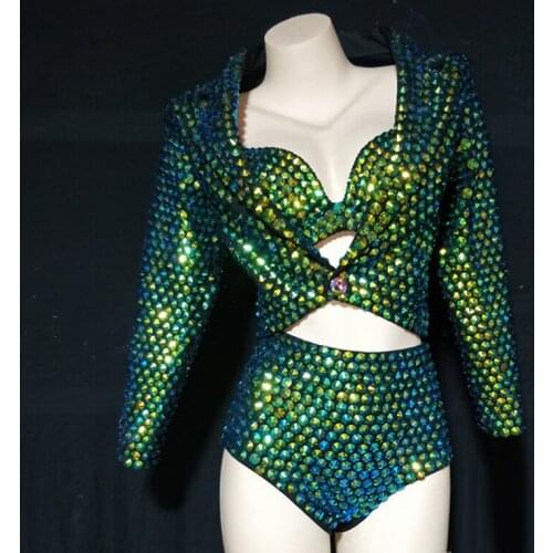 Green Rhinestone Bikini Suit Women Dancer Singer Performance Stage Wear Sexy Nightclub Gogo Costumes Party Rave Clothes VDB3813