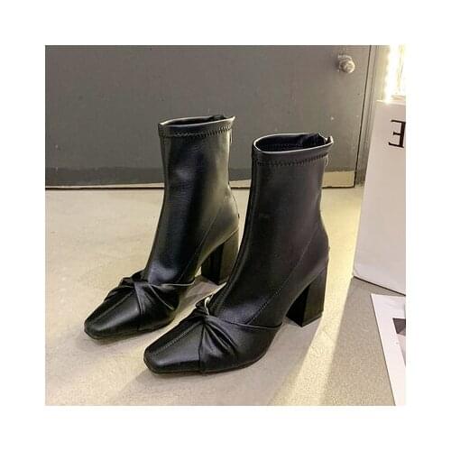 Women Shoes Sexy Pointed Toe Bow Zipper Ankle Boots Spring Autumn Fashion Short Nude Boots Mid-heel Martin Boots White Black