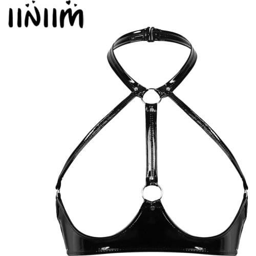 Womens Femme Sissy Latex Crop Tops Black Open Cup Harness Tops Patent Leather Backless Wire-free Unlined Lingerie Exotic Bra Top