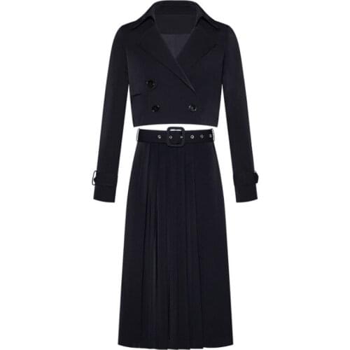 Women Clothing 2Pcs Black Suit Set Long Sleeve Short Blazer Jacket + Buckle Belted Pleated Midi Skirt