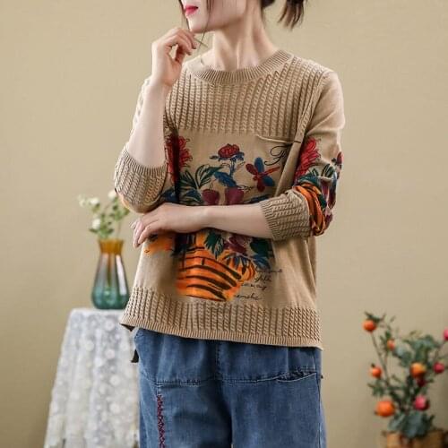 Spring Autumn New Style Retro Literary Print Round Neck Pullover Knitted T-Shirt Loose Long Sleeve Sweater Womens Slim Top y157
