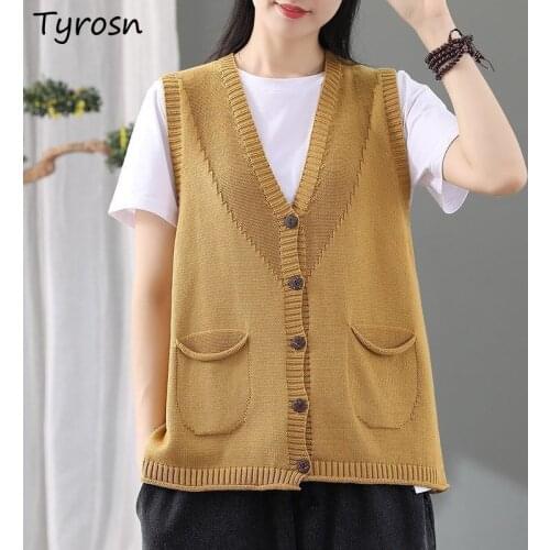 Sweater Vest Women Plus Size 3XL Button Up Pockets Mujer Sleeveless Knitted Tops V-neck Leisure Korean Style Retro Y2k Ulzzang