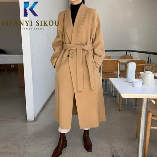 Woolen Coat Women Korean Fashion Double Breasted Lapel Loose Wool blend Long Coat Female Thick Warm Overcoat Casual Winter Coat