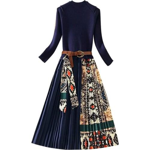 2020 Elegant Knitted Patchwork Pleated Midi Dress Spring Fashion Women Long Sleeve Ethnic Retro Printing Pleated Dress