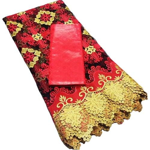 2.5+2.5yards Red Embroidery Net Lace Fabrics With Bazin Riche Fabric African Swiss Voile In Switzerland For Wedding Dress t17-20