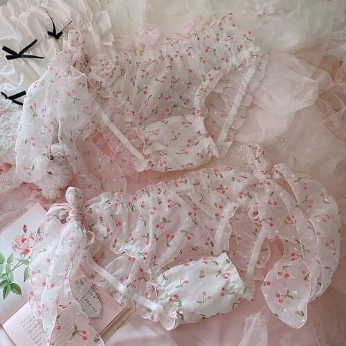 2 PCS/lot of Japanese soft sister sexy express lolita lolita chiffon cherry girl ribbon lace - up strap transparent underwear