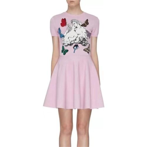 2019 Short Sleeve Fashion Jacquard Mini A Line Bandage Dress Women Celebrity Evening Party Dress