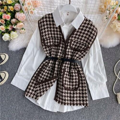 2021 Brand New Women Houndstooth Pocket Vests+White Long Sleeve Shirts 2 Piece Set Office Ladies Casual Loose Jackets Coat