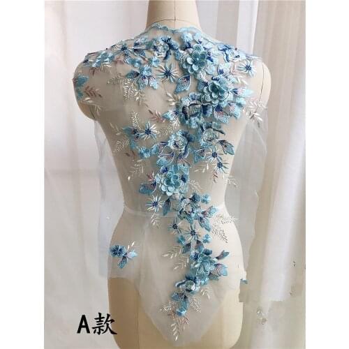 3D Blue Flower Embroidery Beads Applique For Evening Dress Sew On Clothing Patch Lace Fabrics Accessories Decoration Material